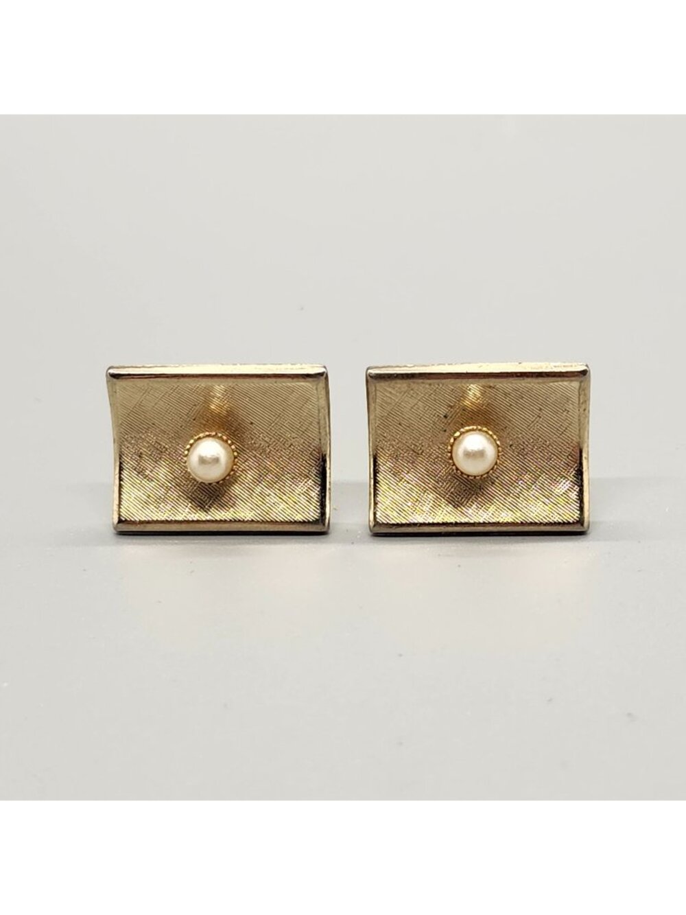 Gold-Tone Rectangular Cufflinks With Pearl Accent